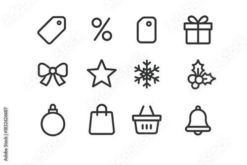 Festive Retail Icons. Festive retail signs. Line outline icon set of Festive retail signs: sale tag, percent