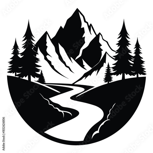 A winding river flows through a black mountain landscape of pines and peaks