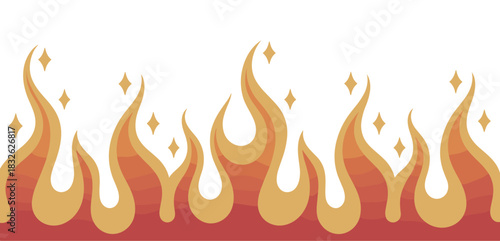 Elegant seamless fire border with flowing flames in amber, coral, and crimson gradients, accented by glowing sparks in a clean minimalist vector style.