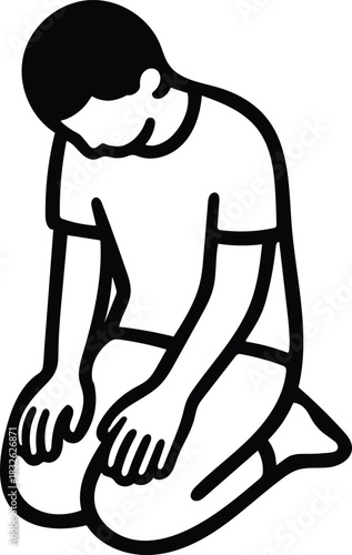 Man kneeling with bowed head and clasped hands in simple silhouette, expressing humility or contemplation