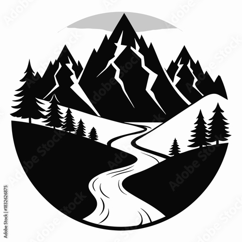 Black and white mountain range shows the flowing river and evergreen trees peacefully