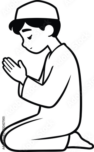 Minimalist line art drawing of a muslim man kneeling and praying with hands together muslim pray icon