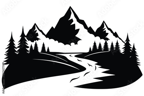 Majestic mountain peaks loom behind a serene river flowing through the forest