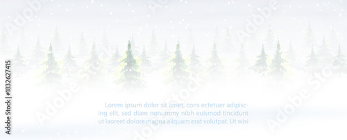 A winter landscape and snow falling with pine forest and example texts on foggy and light blue background.