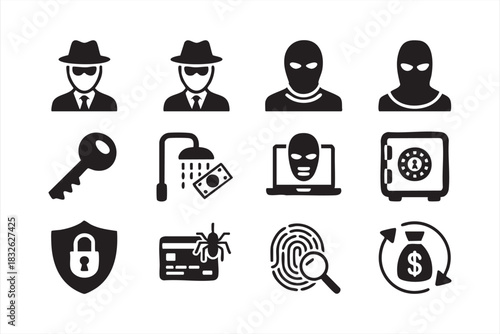 Identity Fraud and Data Breach Icons for Network Protection Design