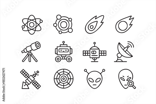 Alien and Cosmic Research Icons for Sci-Fi and Science Graphics