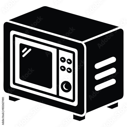 Isometric black and white microwave oven displays a control panel and vent detailing