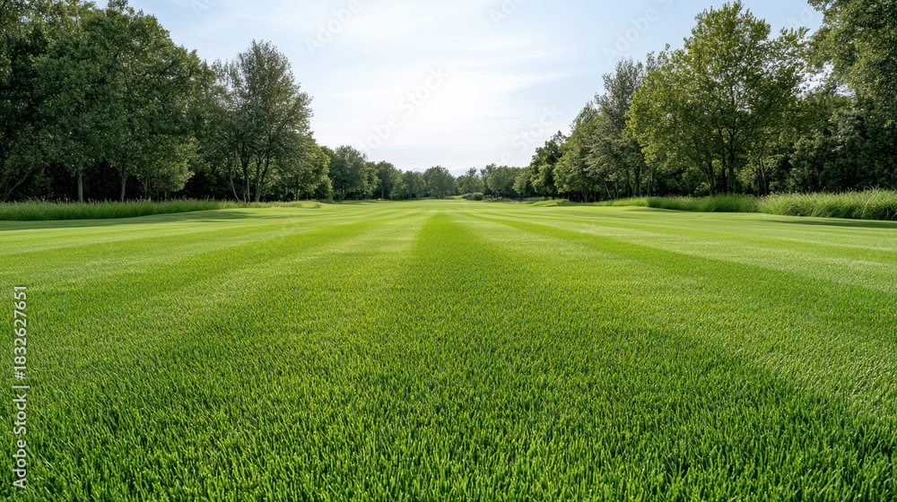 Fototapeta premium Lush green fairway leading to distant trees under soft sky, calm summer landscape