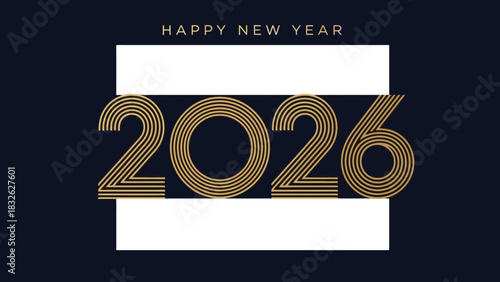 Happy New Year 2026 Celebration Modern Design in Gold on Dark Blue Background