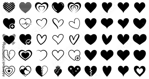 Collection of black heart icons. Romantic, medical, broken, outlined, and decorative styles. Perfect for valentine’s day. Vector illustration.
