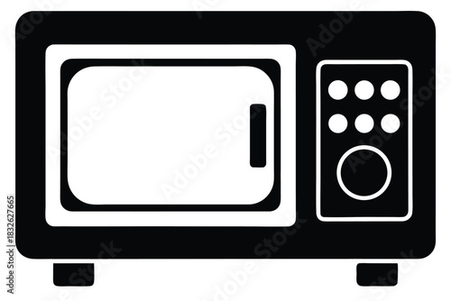 Black outline microwave oven displays a control panel and door for interior viewing
