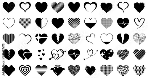 Collection of black heart icons. Featuring solid, outline, broken, patterned, and decorative designs. Ideal for valentine, love graphics, romance symbols, social media, stickers, greeting cards.