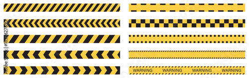 Collection of yellow and black warning tape. Hazard stripes, caution borders, safety barrier strips set. Warning borders in construction work zone or crime scene. Danger, Attention tapes. Flat design.