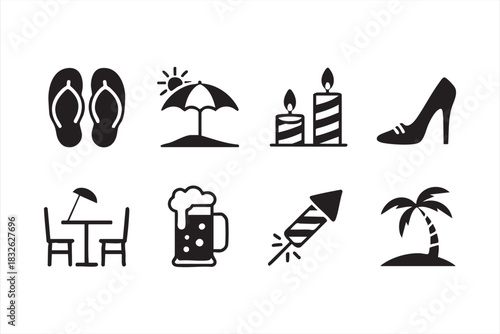 Summer Lifestyle Icons with Drinks, Fireworks, and Beach Items