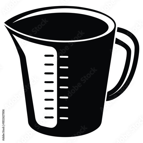 Black measuring cup featuring measurement indicators and handle isolated on white shows culinary tool