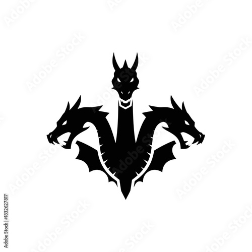 Black silhouette of a three-headed dragon with wings, depicted in a minimalist and iconic style.