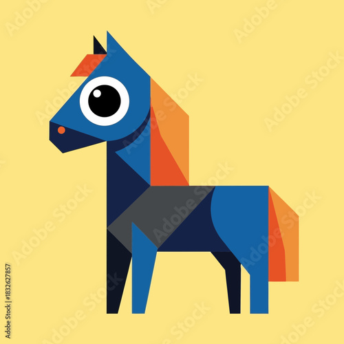 Stylized geometric blue horse illustration with orange mane and tail, featuring large eyes, set against a plain yellow background.