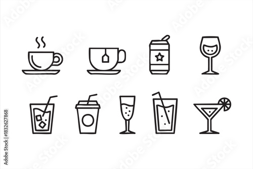 Drink and Beverage Line Icons for Cafe and Bar Menu Design