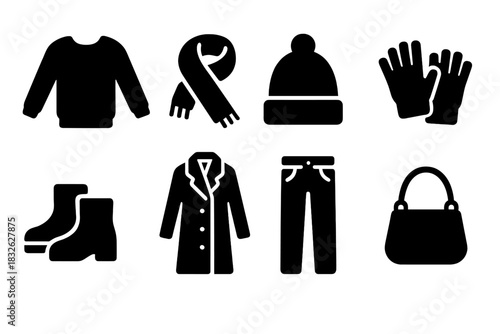 Winter Fashion Icons. Winter fashion outfit flat lay. Filled icon set of Winter fashion outfit flat lay: