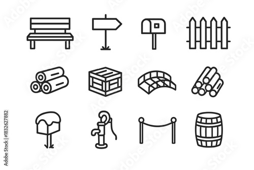 Christmas Village Icons. Christmas village miniature scene – Miniature Props. Line outline icon set of