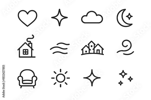 Cozy Christmas Icon Set. Christmas village miniature scene – Cozy Holiday Mood. Line outline icon set of Cozy