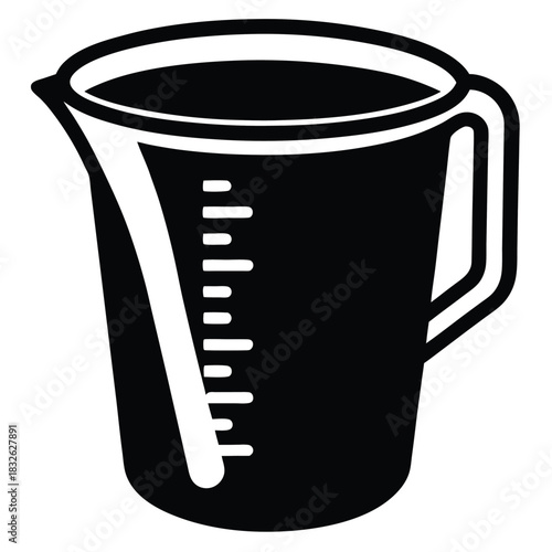 Black measuring cup shows increment markings and handle on white backdrop in the view