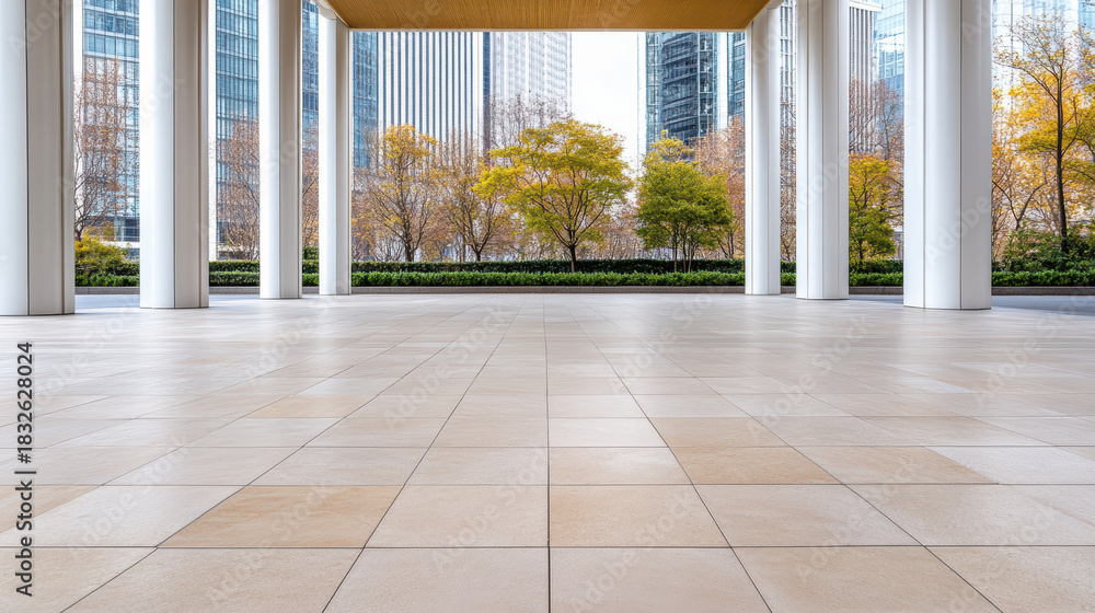 Obraz premium Open plaza columned lobby tile floor urban parkdaylight modern architecture