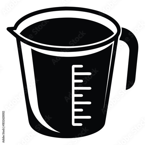 Black and white drawing shows measuring cup with marked volume measurements on the side