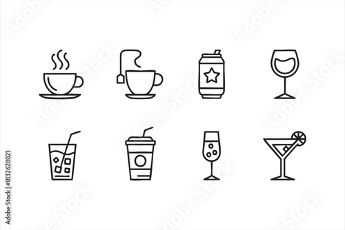 Coffee, Tea, Wine, and Cocktail Symbols in Minimal Line Style