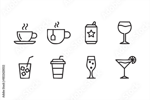 Line-Art Beverage Set Featuring Coffee, Juice, and Cocktails