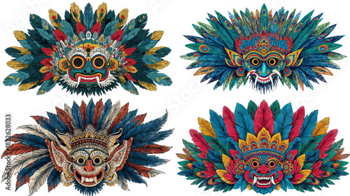 Colorful traditional masks with detailed carvings and vibrant feather ornaments, showcasing expressive cultural designs ideal for folklore themes and artistic decoration.