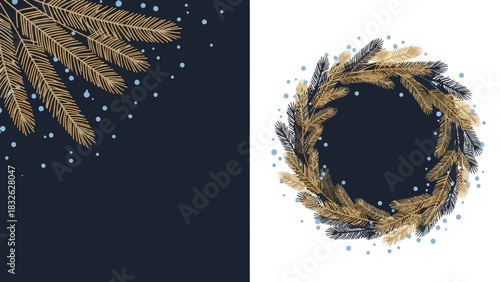 Elegant Gold and Blue Christmas Wreath and Branch Decorations for Festive Designs & Holiday Greetings