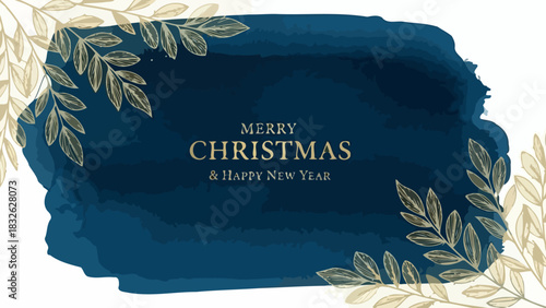 Elegant Christmas & New Year Greeting Blue Watercolor Design with Golden Leaves, Festive Wishes