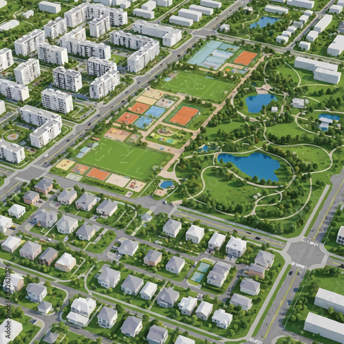 Aerial view showcases a modern residential area featuring apartments, houses, sports fields, parks, and recreational facilities, illustrating urban planning.