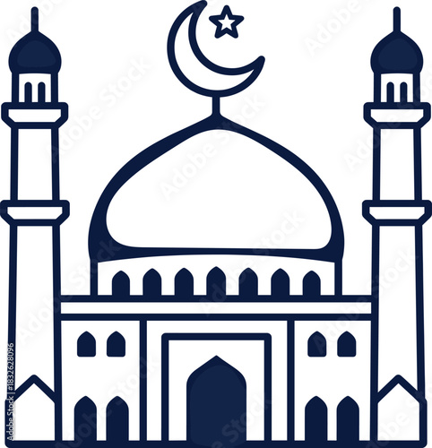 Mosque building outline flat vector muslim pray icon religion symbol with crescent moon and star on top