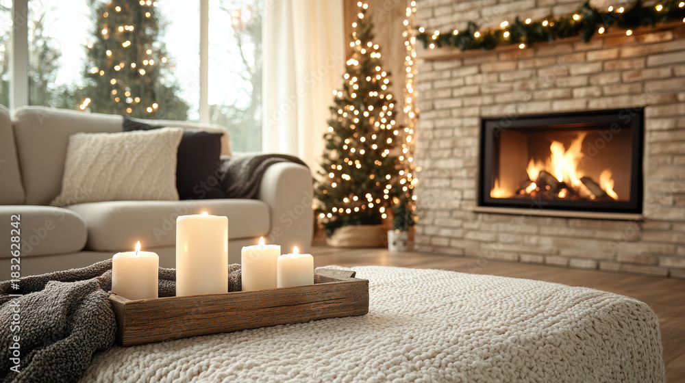 Obraz premium Cozy fireplace candle arrangement living room Christmas tree warm glow