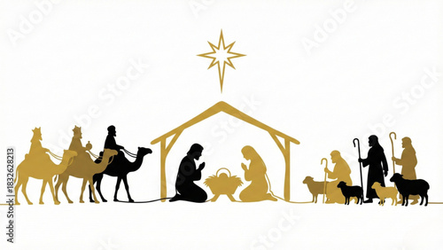 Christmas Nativity scene silhouette. Holy Family, Three Wise Men, and Shepherds in gold and black style on white background.