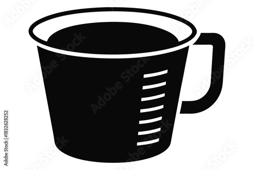 Black measuring cup with a handle shows increments with white markings on its side