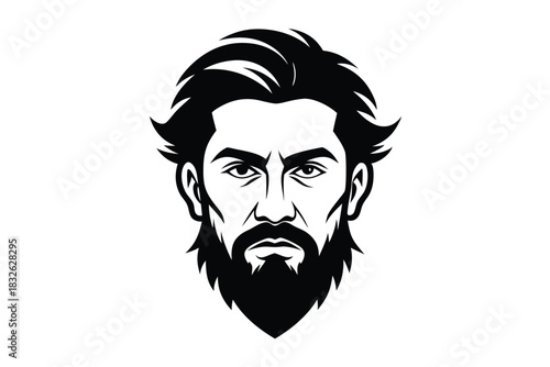 Stern black bearded man with sharp features and styled hair presents a focused gaze