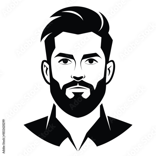 portrait depicts a stylish man with beard in black silhouette wearing collared shirt