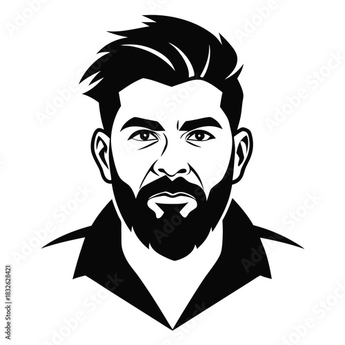 Monochromatic illustration shows a bearded man looking forward with a collared shirt in black and white