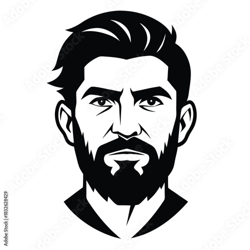 Black and white displays determined man's head with beard and styled hair