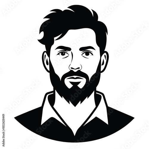 Bearded man with modern hairstyle looks forward in bold black and white minimalistic illustration