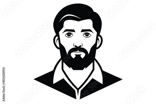 Isolated monochrome portrait shows a bearded man with open collar shirt, presented in format