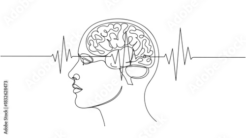 Continuous one line art drawing of a human profile with brain activity represented by a wave passing through the head