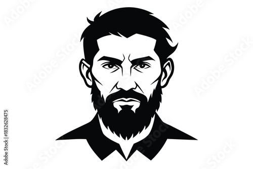 Stern man with a beard stares intensely, rendered in striking black monochrome line art