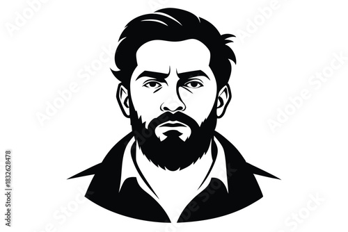 The monochrome portrait depicts a handsome man of Middle Eastern descent with a striking beard