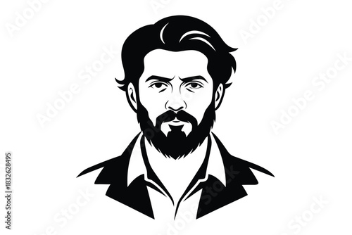 Monochromatic portrait shows confident bearded man with an open jacket against a solid background