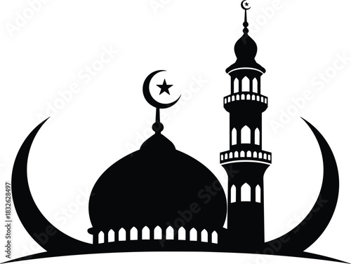 Mosque dome and minaret silhouette with crescent moon and star symbolizing islamic faith muslim pray icon