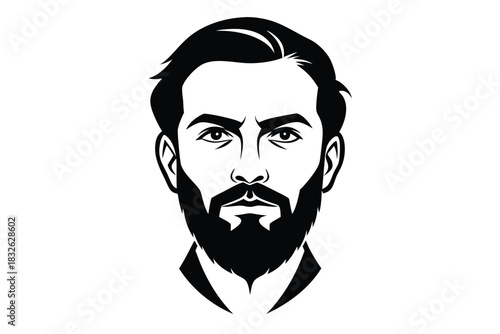 Monochrome portrait reveals an attractive man with styled hair, bold beard, and formal attire